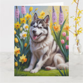 Siberischer Husky Dog Frühlingsblumen Malerei Karte (Gelbe Blume)