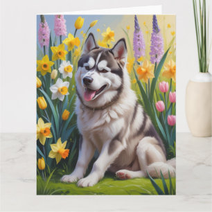 Siberischer Husky Dog Frühlingsblumen Malerei Karte