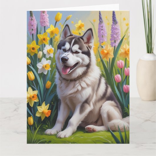 Siberischer Husky Dog Frühlingsblumen Malerei Karte (Vorderseite)