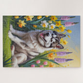 Siberischer Husky Dog Frühlingsblumen Malerei Puzzle (Horizontal)