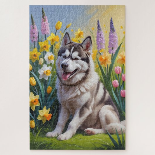 Siberischer Husky Dog Frühlingsblumen Malerei Puzzle (Vertikal)