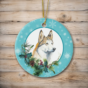 Siberischer Husky Evergreen Blue Snowflake Border Keramik Ornament