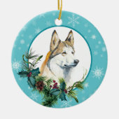 Siberischer Husky Evergreen Blue Snowflake Border Keramik Ornament (Vorne)
