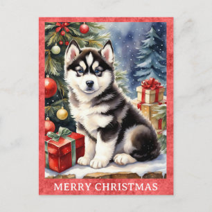 Siberischer Husky Frohe Weihnachten Niedliche Welp Postkarte
