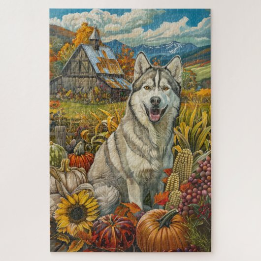 Siberischer Husky-Hund Herbsternte Erntedank Puzzle (Vertikal)