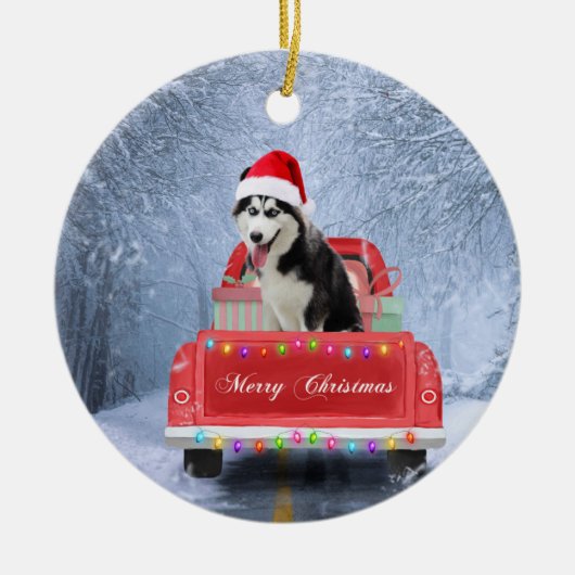 Siberischer Husky Hund im Schnee sitzend Weihnacht Keramik Ornament (Vorne)