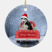 Siberischer Husky Hund im Schnee sitzend Weihnacht Keramik Ornament (Hinten)
