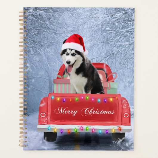 Siberischer Husky Hund im Schnee sitzend Weihnacht Planer (Vorderseite)