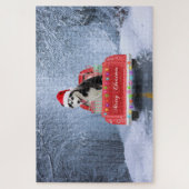Siberischer Husky Hund im Schnee sitzend Weihnacht Puzzle (Vertikal)