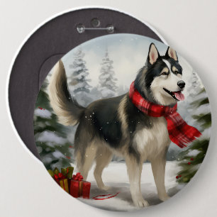Siberischer Husky-Hund im Schnee Weihnachten Button