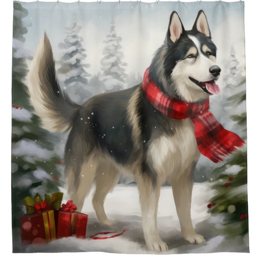 Siberischer Husky-Hund im Schnee Weihnachten Duschvorhang (Vorderseite)
