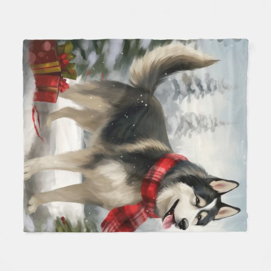 Siberischer Husky-Hund im Schnee Weihnachten Fleecedecke (Vorderseite (Horizontal))