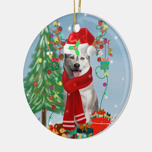 Siberischer Husky-Hund im Schnee Weihnachten Keramik Ornament (Links)