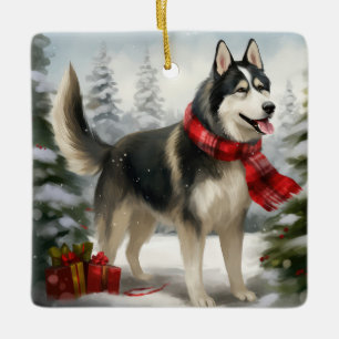 Siberischer Husky-Hund im Schnee Weihnachten Keramikornament