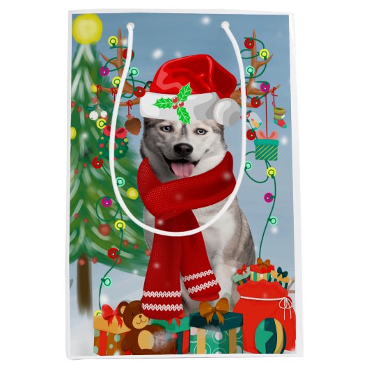 Siberischer Husky-Hund im Schnee Weihnachten Mittlere Geschenktüte (Vorderseite)