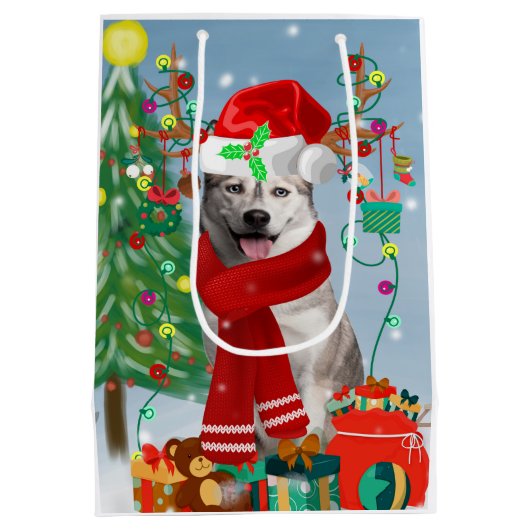 Siberischer Husky-Hund im Schnee Weihnachten Mittlere Geschenktüte (Rückseite)
