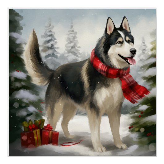 Siberischer Husky-Hund im Schnee Weihnachten Poster (Vorderseite)