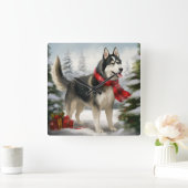Siberischer Husky-Hund im Schnee Weihnachten Quadratische Wanduhr (Zuhause)