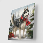 Siberischer Husky-Hund im Schnee Weihnachten Quadratische Wanduhr (Winkel)
