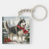 Siberischer Husky-Hund im Schnee Weihnachten Schlüsselanhänger (Rückseite)