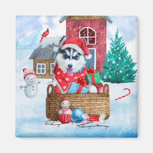 Siberischer Husky Hund im Schnee Weihnachtshundeha Magnet (Vorne)