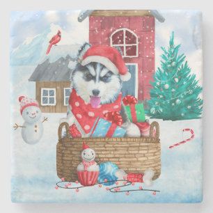 Siberischer Husky Hund im Schnee Weihnachtshundeha Steinuntersetzer