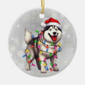 Siberischer Husky-Hund in Weihnachtsbeleuchtung um Keramik Ornament (Vorne)