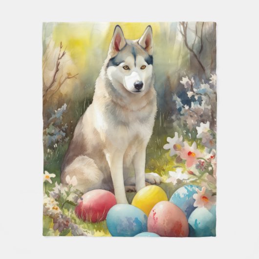 Siberischer Husky-Hund mit Ostereiern Fleecedecke (Vorderseite)