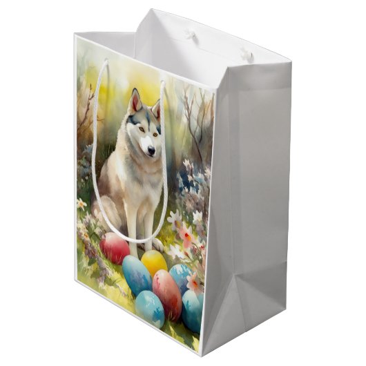 Siberischer Husky-Hund mit Ostereiern Mittlere Geschenktüte (Rückseite Schrägansicht)