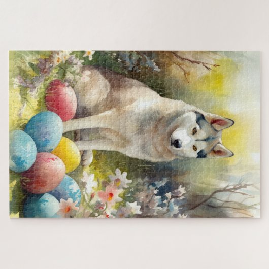 Siberischer Husky-Hund mit Ostereiern Puzzle (Horizontal)
