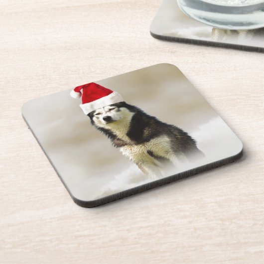 Siberischer Husky-Hund mit Weihnachtsmannmütze im Getränkeuntersetzer (Linke Seite)
