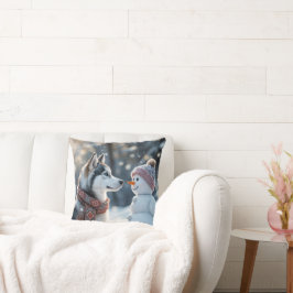 Siberischer Husky mit Blick auf einen Schneemann Kissen