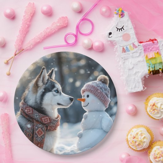 Siberischer Husky mit Blick auf einen Schneemann Pappteller (Party)