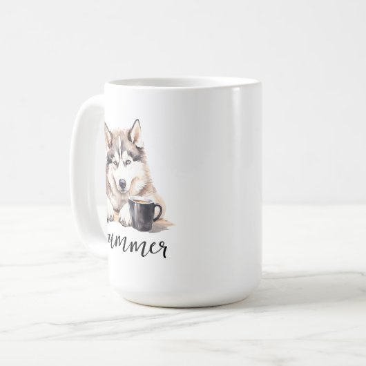 Siberischer Husky mit Kaffee-Tasse, Hund mit Haltu Kaffeetasse (Vorderseite Links)