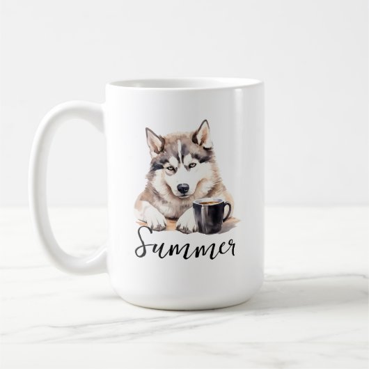 Siberischer Husky mit Kaffee-Tasse, Hund mit Haltu Kaffeetasse (Links)
