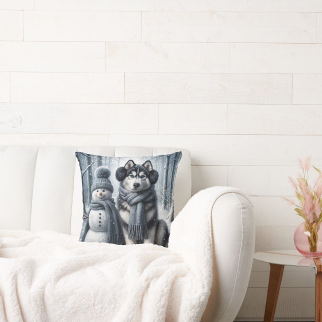 Siberischer Husky mit Schneemann Kissen (Liege)