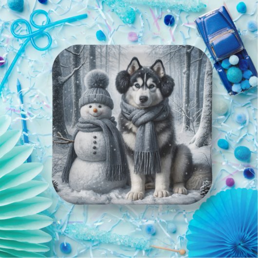 Siberischer Husky mit Schneemann Pappteller (Party)