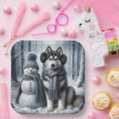 Siberischer Husky mit Schneemann Pappteller (Party)