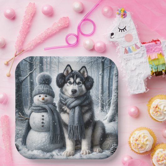 Siberischer Husky mit Schneemann Pappteller (Party)