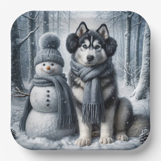 Siberischer Husky mit Schneemann Pappteller (Vorderseite)