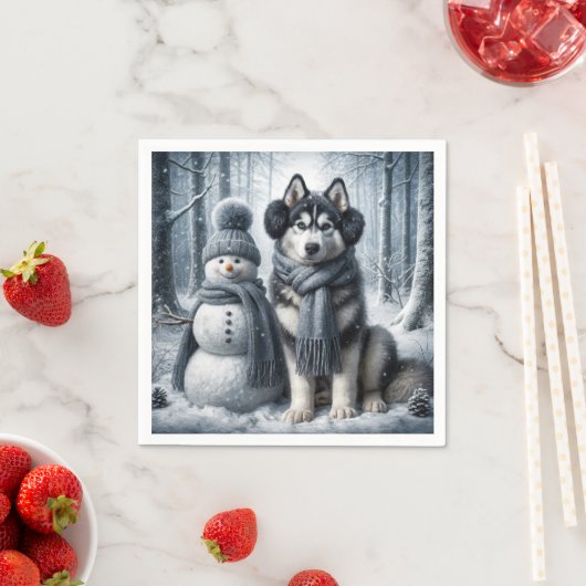 Siberischer Husky mit Schneemann Serviette (Beispiel)