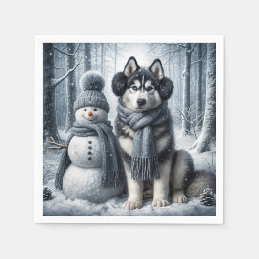 Siberischer Husky mit Schneemann Serviette (Vorderseite)