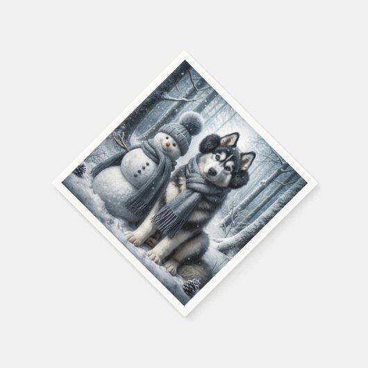 Siberischer Husky mit Schneemann Serviette (Ecke)