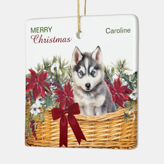 Siberischer Husky Puppy Poinsettia Weihnachtskorb Keramikornament (Links)