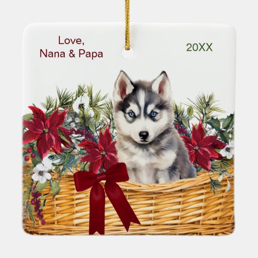 Siberischer Husky Puppy Poinsettia Weihnachtskorb Keramikornament (Rückseite)