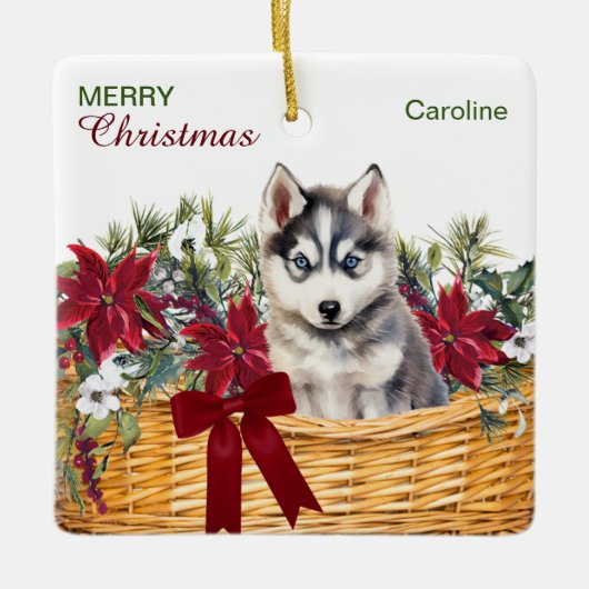 Siberischer Husky Puppy Poinsettia Weihnachtskorb Keramikornament (Vorderseite)