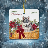 Siberischer Husky Puppy Poinsettia Weihnachtskorb Keramikornament