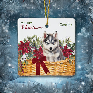 Siberischer Husky Puppy Poinsettia Weihnachtskorb Keramikornament