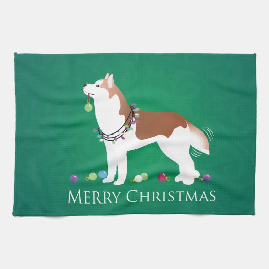 Siberischer Husky - Rot - Frohe Weihnachtsgestaltu Geschirrtuch (Horizontal)