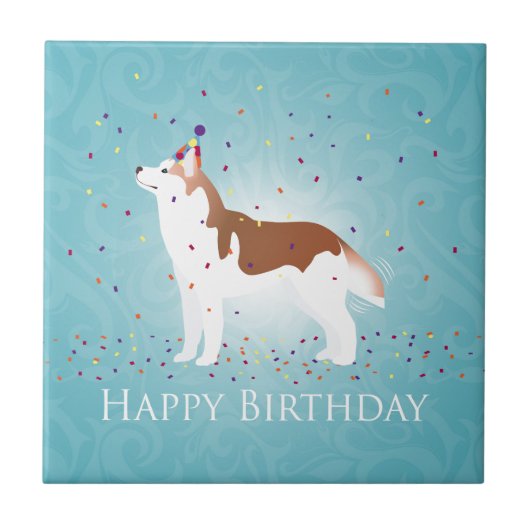 Siberischer Husky - Rot - Happy Birthday Design Fliese (Vorderseite)